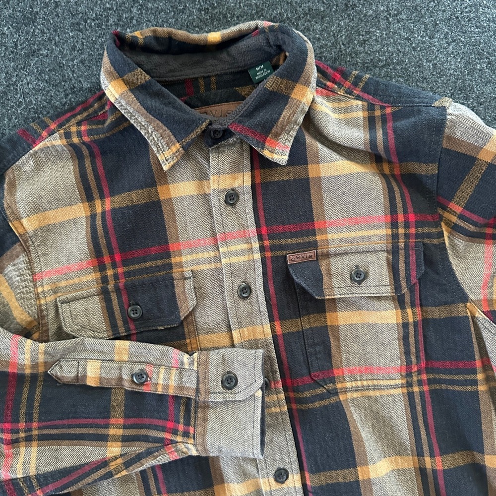 Orvis Mens Med Plaid Flannel Shirt Brown Navy Gold Herringbone Cotton Button‎ Up